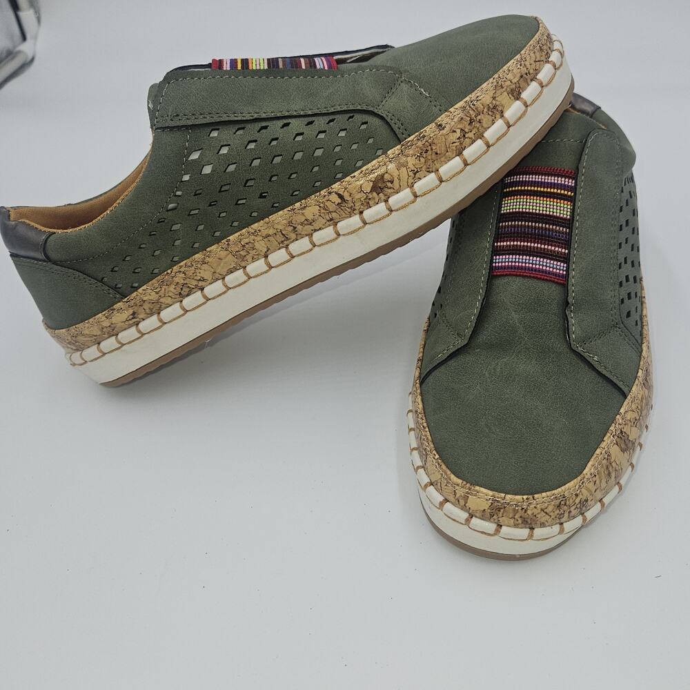 Slip On Platform Size 8.5 Faux Suede Sneakers Cork Like Finish Multicolor Strap